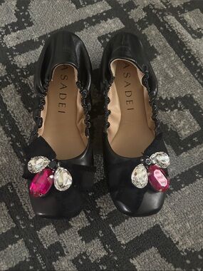 Casadei Black Ballet Flats with Pink and Clear Jewel Accents